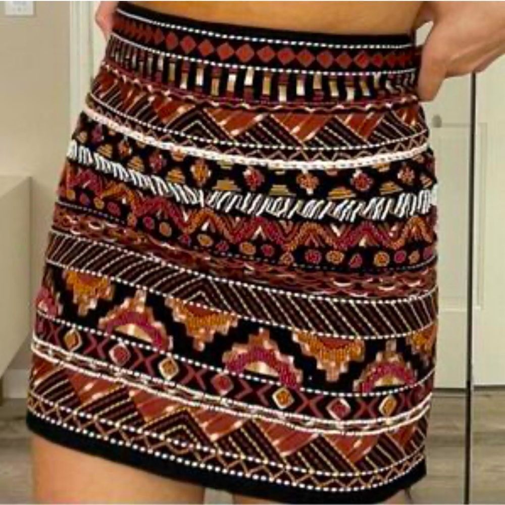 H&M Black Rust Orange Tribal Aztec Embroidered Breaded Mini Statement Skirt NEW